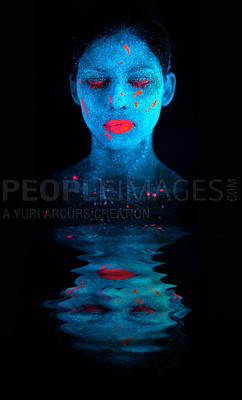 Buy stock photo Face, neon and psychedelic reflection for creative, art and glitter with unique surreal glow. Person, science fiction and color for dream, rave or abstract uv illusion for mystical fluorescent trance