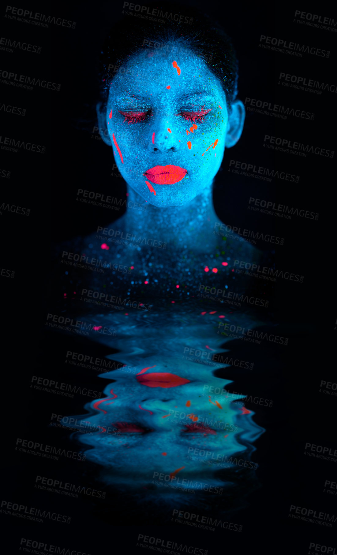 Buy stock photo Face, neon and psychedelic reflection for creative, art and glitter with unique surreal glow. Person, science fiction and color for dream, rave or abstract uv illusion for mystical fluorescent trance