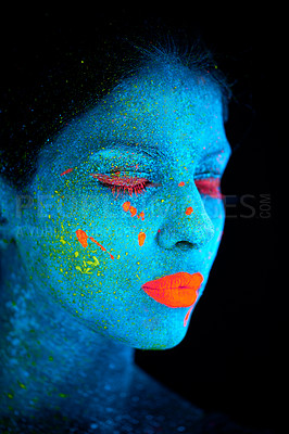Buy stock photo Neon paint, face makeup and woman closeup with dark background and creative cosmetics. Glow, fantasy and psychedelic cosmetic of a female model with unique and creativity with art in studio 