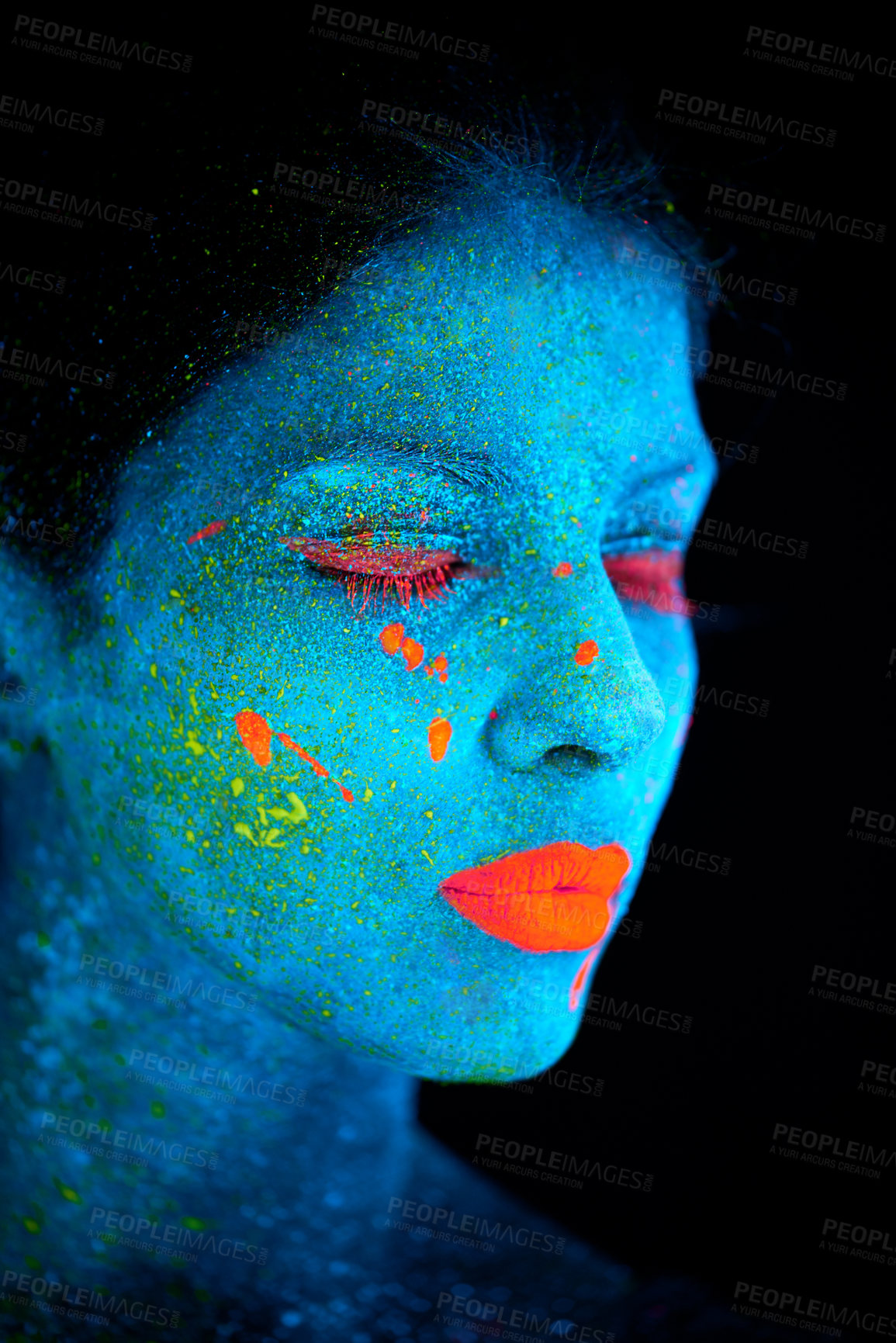 Buy stock photo Neon paint, face makeup and woman closeup with dark background and creative cosmetics. Glow, fantasy and psychedelic cosmetic of a female model with unique and creativity with art in studio 