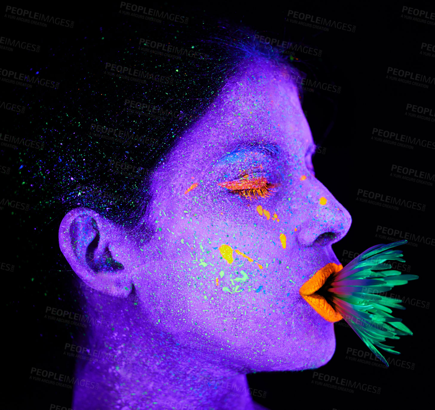 Buy stock photo Neon, paint and creative woman with art in studio or plant for organic creativity, psychedelic aesthetic and cosmetics. Glow makeup, person and fluorescent glitter for uv illusion on black background