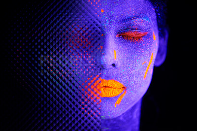 Buy stock photo Face, neon and surreal paint for creative, art and glitter for unique psychedelic glow. Person, science fiction or color for pixel, particle and dissolving uv illusion for mystical fluorescent trance