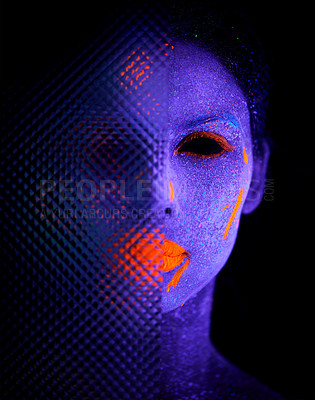 Buy stock photo Face, neon and creepy paint for creative, art and glitter for unique psychedelic glow. Person, science fiction or color for pixel, particle and dissolving uv illusion for mystical fluorescent trance