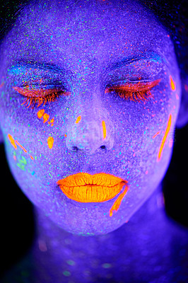 Buy stock photo Face, color and psychedelic paint for creative, art and glitter with unique surreal glow. Person, science fiction and neon with dream, rave and abstract uv illusion for mystical fluorescent trance