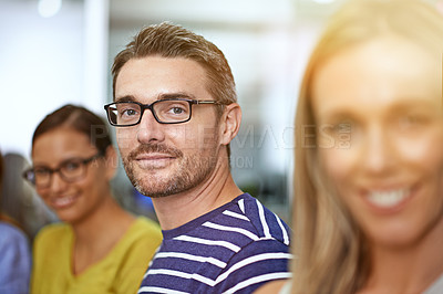 Buy stock photo Cropped shot of a businessman standing between two female coworkers