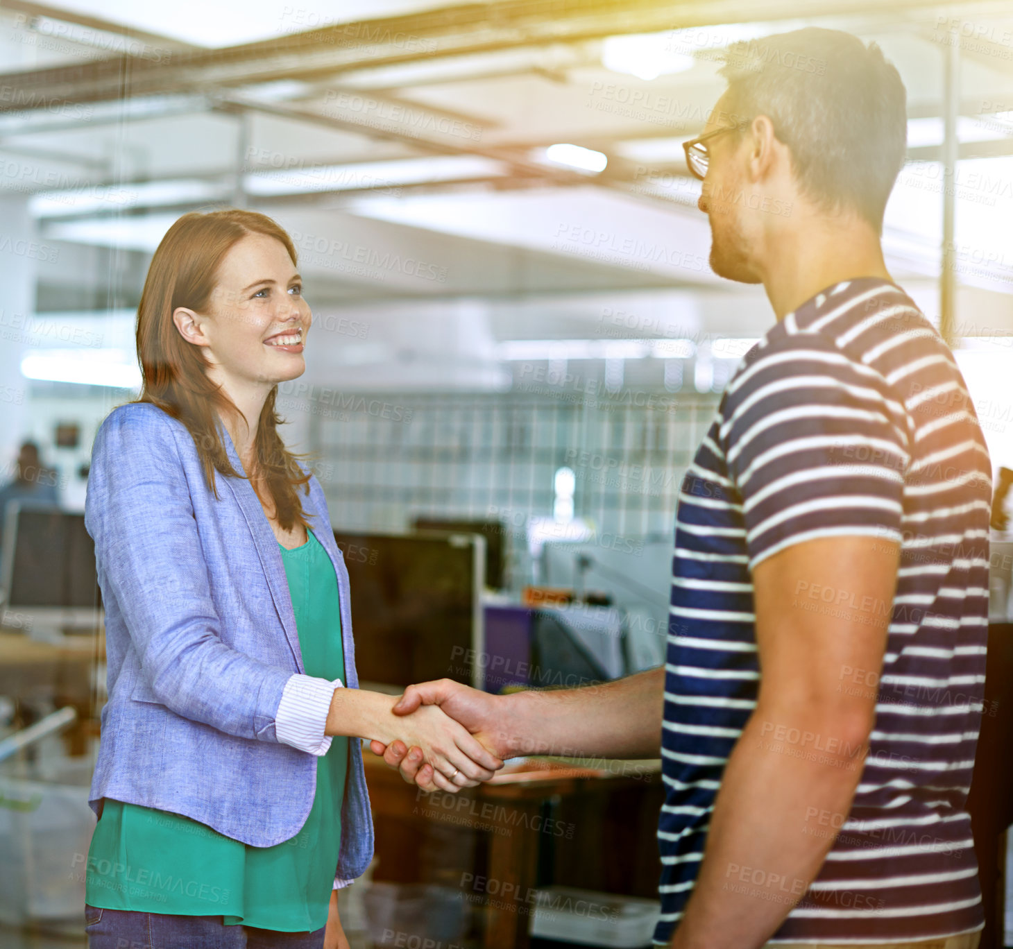 Buy stock photo Business people, shaking hands and smile for interview or agreement, thank you and partnership in recruitment. Colleagues, onboarding and introduction in creative agency, deal and negotiation at work