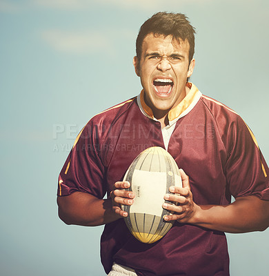 Buy stock photo Male player, rugby ball and portrait for playing sport game, fitness recreation and training outdoor. Determined sportsman or energetic athlete with competitive facial expression for match challenge 