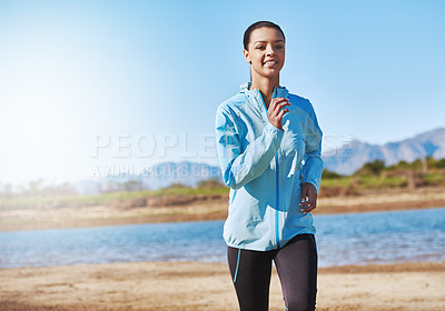 Buy stock photo Outdoor, running and exercise for girl, health and workout in morning, summer and energy in bridge. Park, runner and female person in sportswear, cardio and training in nature, smile and fast speed