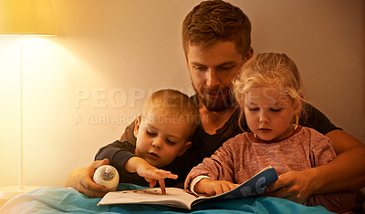 Buy stock photo Night, kids or dad reading book in bed for learning, education or storytelling in a home for care. Family, relax or father with children siblings for a fantasy with a girl, boy or support for love