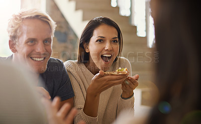 Buy stock photo Wow, pizza and couple of friends in restaurant together, eating meal for party or social gathering. Happy, smile or reaction with young man and woman enjoying fast food or bonding at pizzeria