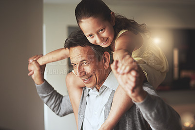 Buy stock photo Smile, piggyback or happy grandfather with a child playing or hugging with love in family home. Elderly grandpa, girl kid or old man relaxing, bonding or enjoying quality time together in retirement