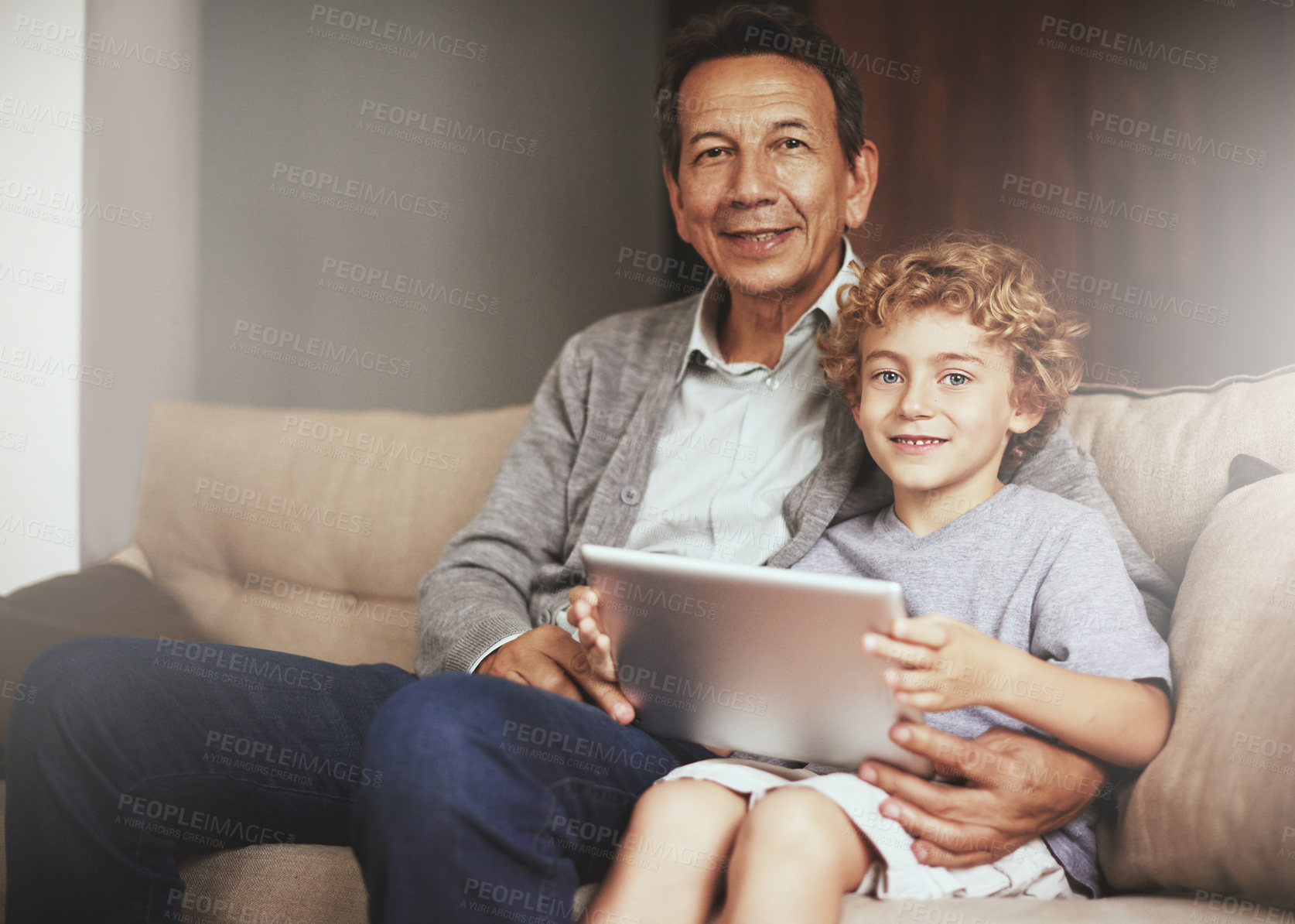 Buy stock photo Tablet, child or portrait of a happy grandfather streaming movie or film on online subscription at home. Relax, grandparent or child loves watching fun videos with a senior or mature old man on sofa 