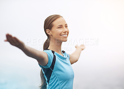Buy stock photo Freedom, smile and running with sports woman outdoor in mountains for morning cardio training. Exercise, fitness and thinking with happy young runner or athlete getting ready for workout in mist