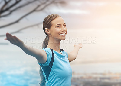 Buy stock photo Exercise, smile and stretching with sports woman outdoor in mountains for morning cardio training. Fitness, health and wellness with happy young runner or athlete getting ready for workout in mist