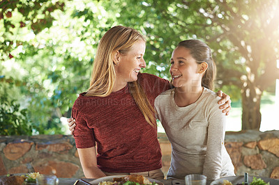 Buy stock photo Outdoor, lunch and hug with mother, girl and smile with sunshine and family with healthy meal. Nature, mama and daughter with food or event with celebration and embrace with summer, happy or teenager