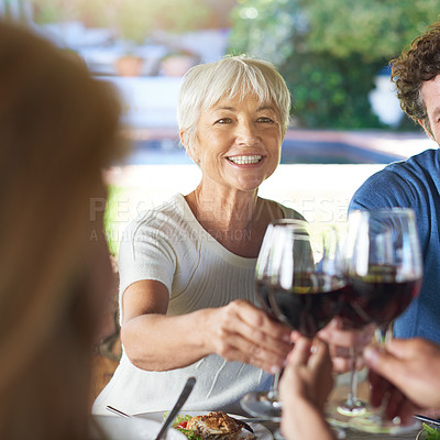 Buy stock photo Senior woman, group and wine glass for toast at table for celebration, food or friends at lunch event. People, together and celebrate with alcohol, glasses or support at party, dinner and family home