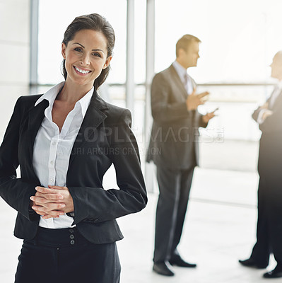 Buy stock photo Portrait, management and a leader woman in corporate business standing in her office as a professional. Leadership, company and professional with a happy female manager in her workplace for success
