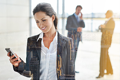 Buy stock photo Phone, typing and business woman in double exposure or city overlay for communication, networking and happy news. Cellphone, feedback or online chat search and corporate person in lobby or office