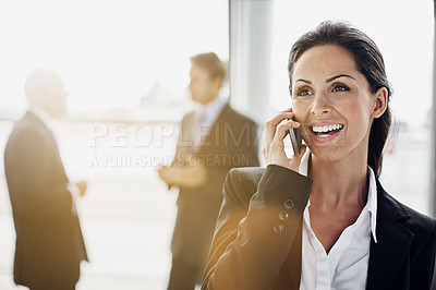 Buy stock photo Happy woman, business and phone call in office lobby for online networking, communication or news feedback in light leak. Ideas, laughing or solution of corporate person or employee talking on mobile