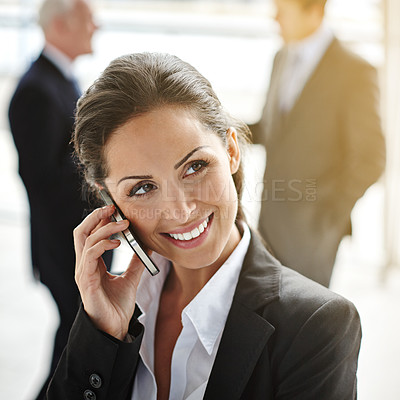 Buy stock photo Business, phone call and happy woman thinking of communication, networking and employee engagement chat. Ideas, news or online solution of corporate manager or business people talking on mobile voip