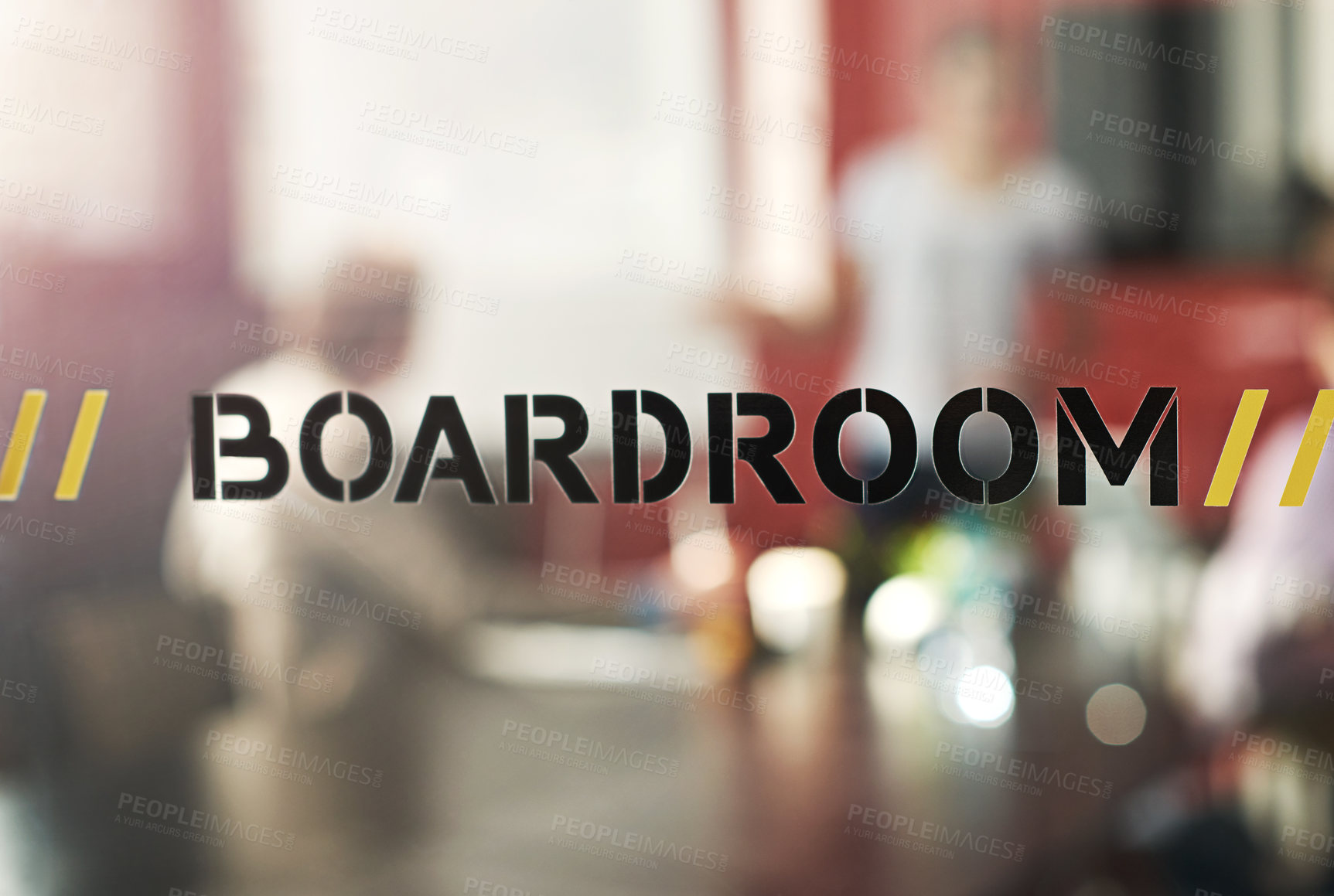 Buy stock photo Boardroom sign, window and business meeting with team for planning, discussion and communication. Conference room placard, glass and corporate group for training seminar with blurred background