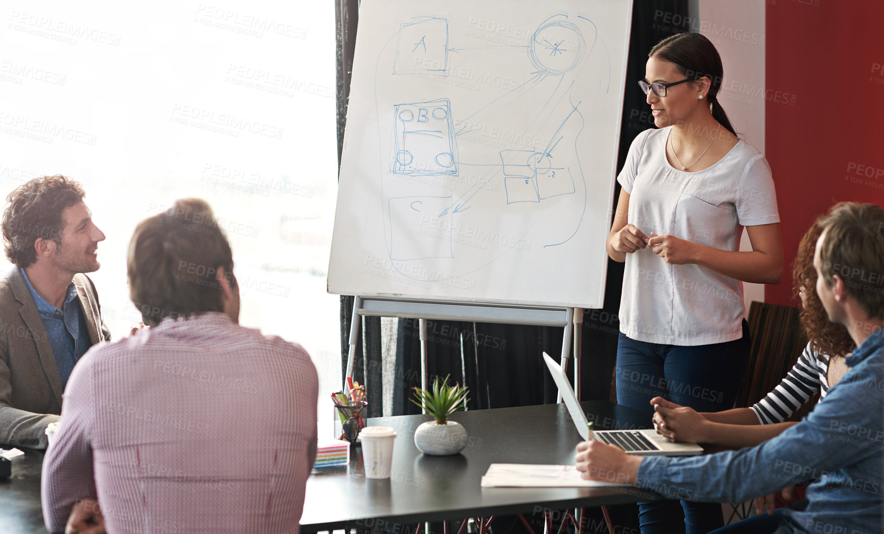 Buy stock photo Woman, happy and office on whiteboard for teamwork, collaboration and employee training as mentor. Support, help and learning in boardroom with meeting for marketing strategy, planning and campaign
