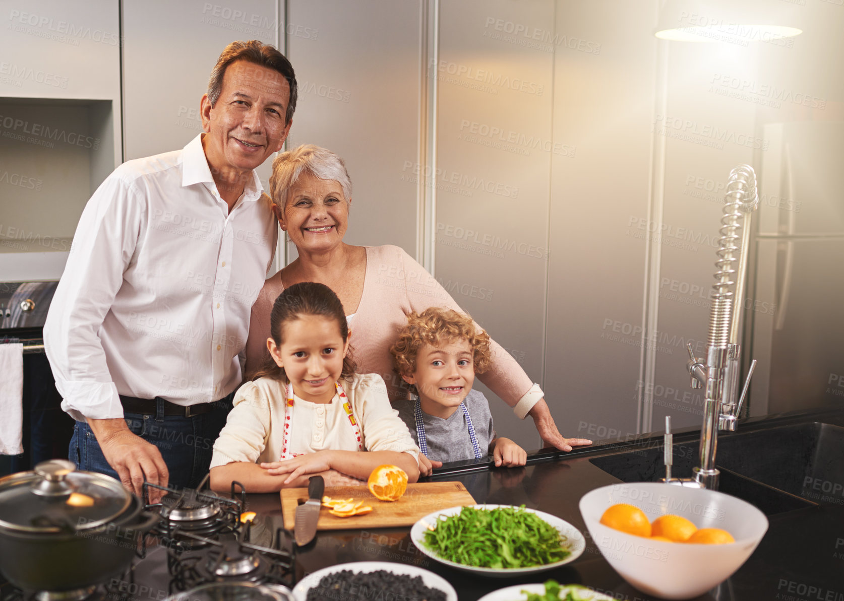 Buy stock photo Portrait, grandparents or happy kids cooking food for a healthy dinner with fresh organic green vegetables. Senior or kids with grandmother or old man for a lunch diet in a house kitchen together