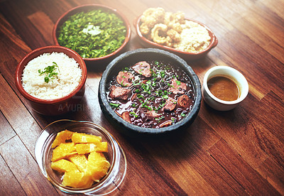 Buy stock photo Black beans, vegetables and Mexican food on table with Mediterranean cooking, vegan and nutrition for diet. Health, green and dish at restaurant or diner with organic, salad and appetizer for dinner