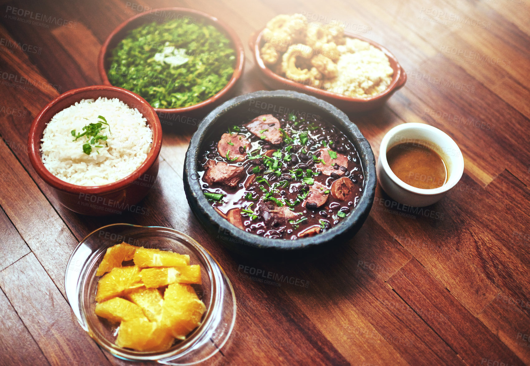 Buy stock photo Black beans, vegetables and Mexican food on table with Mediterranean cooking, vegan and nutrition for diet. Health, green and dish at restaurant or diner with organic, salad and appetizer for dinner