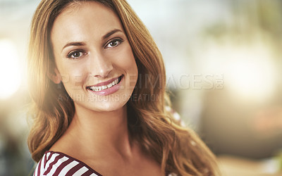 Buy stock photo Designer, portrait and smile with office, startup and creative work or job. Woman, employee and workplace for career, internship or entrepreneurship with positive and happiness in casual workspace