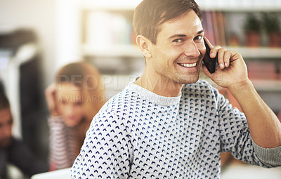 Buy stock photo Man, portrait and phone call for business networking, smile and communication in office. Male person, creative contact and happy for consulting on app, conversation and internet for mobile planning