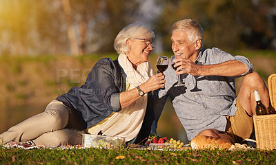 Buy stock photo Shot of a happy senior couple enjoying a picnic  outdoors
