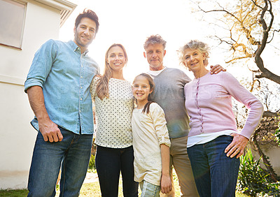 Buy stock photo Hug, backyard portrait and happy family grandparents, parents and kid bonding, smile and spending outdoor time together. Wellness, solidarity and reunion people enjoy spring sunshine, nature and love