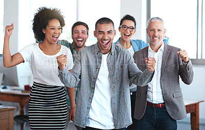 Buy stock photo Group, employee or celebrate with fist pump in office for win, collaboration or success with smile. Team, business people or achievement with inclusion or support in company, staff with hands for yes