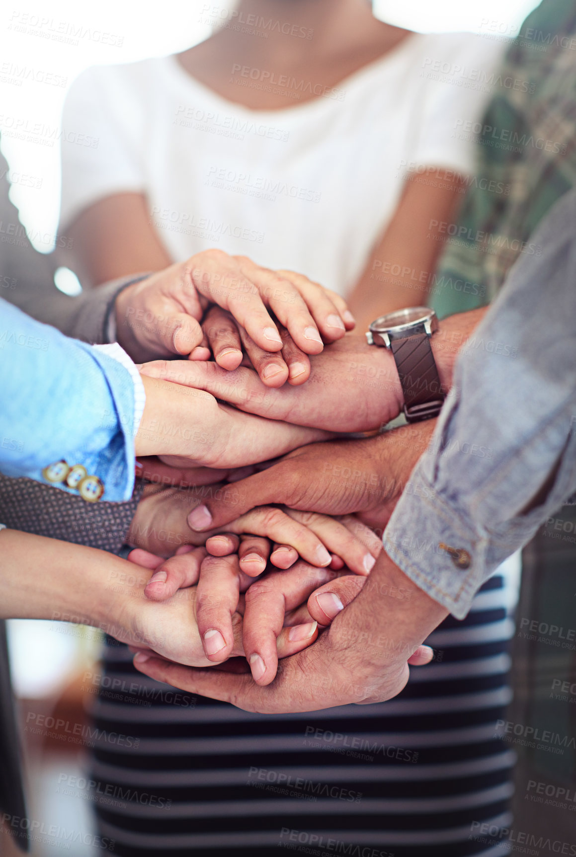 Buy stock photo Group, business people or hands in stack with support or collaboration, diversity in workplace community. Teamwork, together or motivation with solidarity at company for commitment, huddle for target