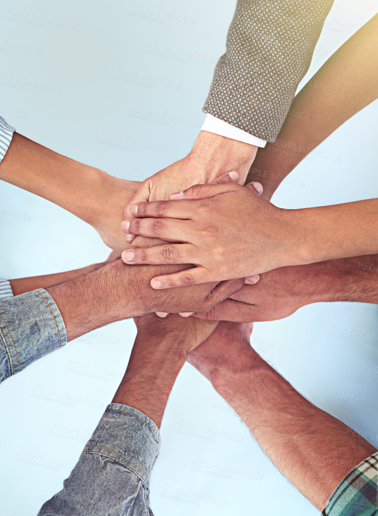 Buy stock photo Above, hands and together for collaboration as colleagues in huddle, office and teamwork for project at work. Group of people, unity and connection for synergy, cooperation and solidarity for company