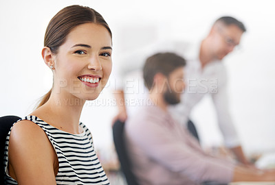 Buy stock photo Happy, portrait and woman, creative designer or employee in startup company. Face, entrepreneur and design professional from Australia with pride for career, job and success mindset for business.