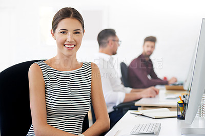 Buy stock photo Portrait, happy and business woman, designer or creative in startup company. Face, happy entrepreneur and web design professional from Australia with pride for career, success mindset and coworking.