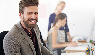 Buy stock photo Portrait, happy and business man, accountant or auditor in company office. Face, entrepreneur and accounting professional with pride for career, corporate job or success mindset for coworking at work