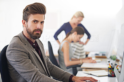 Buy stock photo Serious, portrait and business man, accountant or auditor in company office. Face, entrepreneur and accounting professional with pride for career, corporate job and success mindset for coworking.