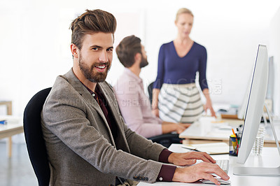 Buy stock photo Happy, portrait and business man, accountant or auditor in company office. Face, entrepreneur and accounting professional with pride for career, corporate job or success mindset for coworking at work