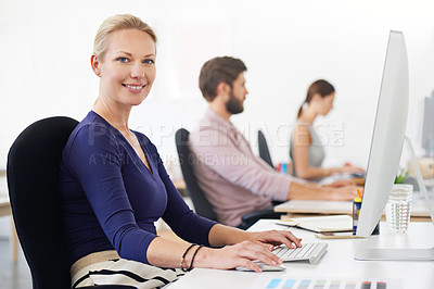 Buy stock photo Portrait, happy and business woman, creative designer or employee in startup company on computer. Face, entrepreneur or design professional with pride for career, job or success mindset for coworking