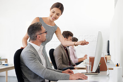 Buy stock photo Business people, teamwork and designers on computer for coaching in creative startup company office. Collaboration, training and graphic design team learning, cooperation or helping with happy mentor