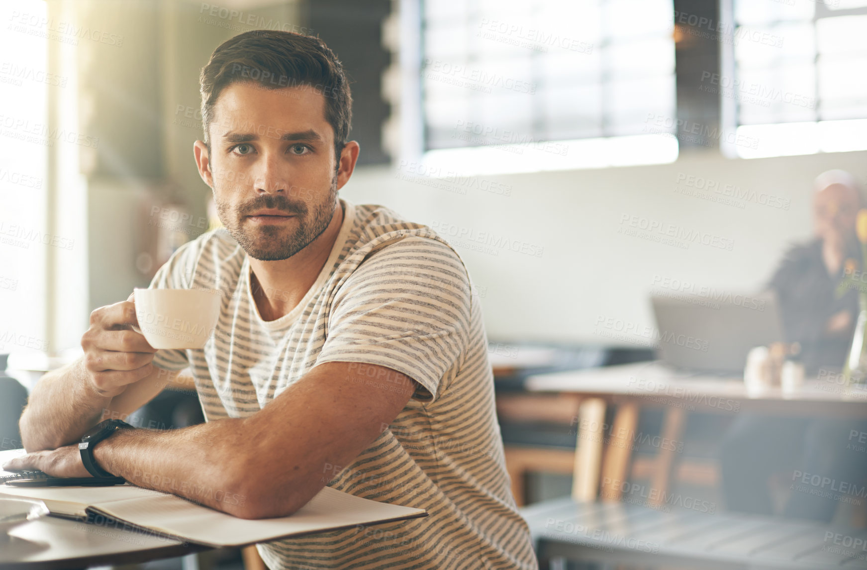 Buy stock photo Man, cup and freelancer portrait in coffee shop, ideas and planning for startup company in cafe. Male person, latte and relax in restaurant for remote work in notebook, contemplating and inspiration