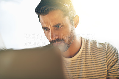 Buy stock photo Entrepreneur, laptop or face of man in cafe reading news online the stock market for trading report update. Coffee shop, remote work or serious trader typing an email or networking on digital website