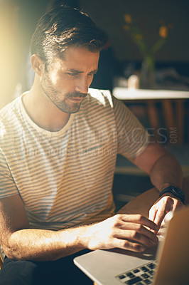 Buy stock photo Trader, laptop or man in coffee shop reading news online the stock market for trading report update. Cafe, remote work or entrepreneur typing an email or networking on internet or digital website