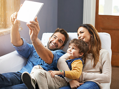 Buy stock photo Selfie, tablet and happy family on video call in a home together using social media on the internet or online. App, website and parents with kid or child in happiness and smile for a picture
