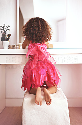 Buy stock photo Girl, back and mirror with dress for costume, stylish outfit or creativity with cosmetics or fashion. Princess, child and female kid ready for fantasy with makeup or reflection in the home or house