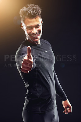 Buy stock photo Fitness, portrait and happy man in studio with thumbs up, confidence and workout for health, wellness and power. Yes, pride and strong bodybuilder on black background for exercise, results and care