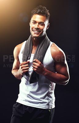 Buy stock photo Fitness, portrait and happy man in studio with towel, confidence and workout for health, wellness and power. Smile, pride and strong athlete on black background for exercise, results and muscle
